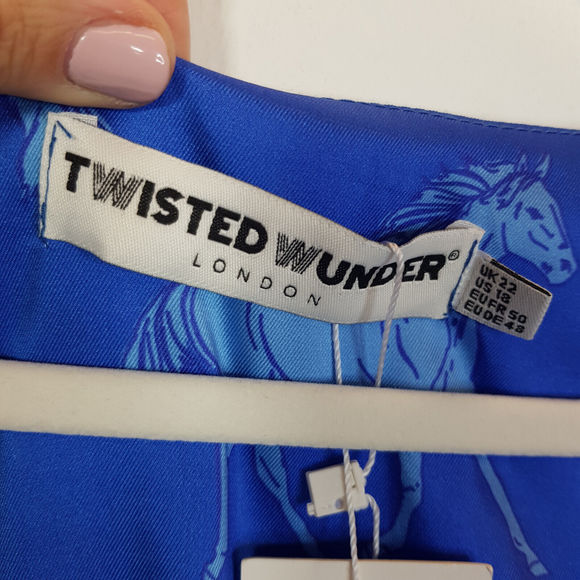 Twisted Wunder Christine Horse Print Mini Dress UK 22 Blue Satin Funky Plus BNWT - Picture 10 of 14